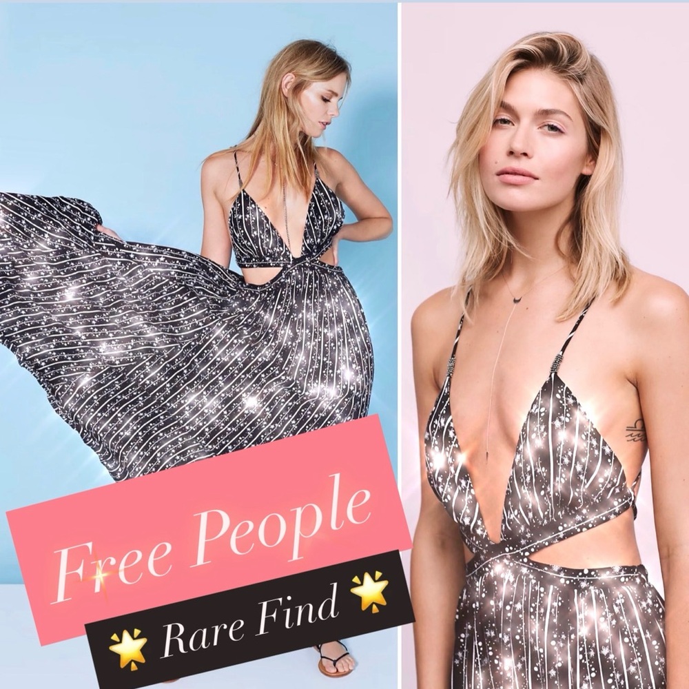FREE PEOPLE RARE ALEXANDRIA STARS COSMIC BLACK WHITE DRESS CUTOUT BACKLESS MAXI